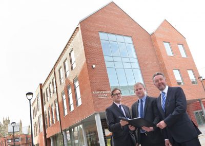 Wykeland Group Estates Surveyor John Gouldthorp, centre, with letting agents Tim Powell, left, and Nick Pearce outside Armstrong House, the latest element of Beverley’s Flemingate development.